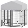 PawHut Welded Wire Outdoor Dog Kennel with 360° Rotating & 4 Levels Adjustable Bowls, Waterproof Cover, 3.9' x 3.9' x 4
