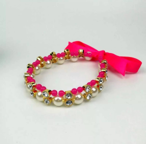 Lovely Pearl Ribbon Necklace (Color: Pink, size: small)