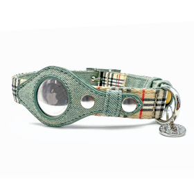 Apple Airtag Collar (Color: Beige Plaid & Denim, size: medium)