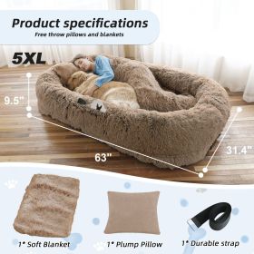 Human Dog Bed, Large Size Fits You and Pets, Washable Faux Fur Dog Bed for People Doze Off, Napping Orthopedic Dog Bed, Present Plump Pillow, Blanket (Color: Khaki, size: 5XL(63"L ×31.4"W ×9.5"Th))